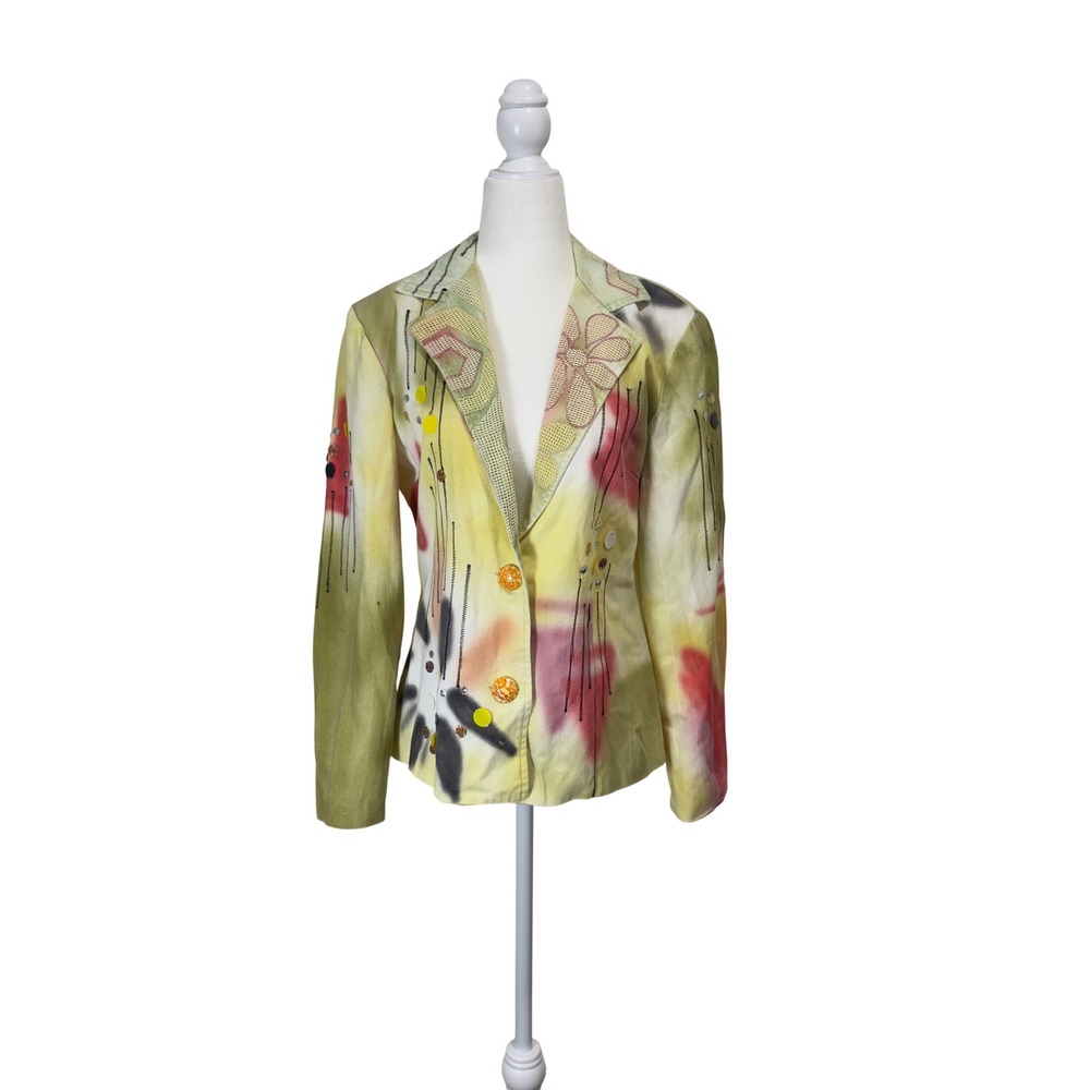 Sandy Starkman Art-to-Wear Cotton Blazer Embroidered Beaded Statement Jacket Med